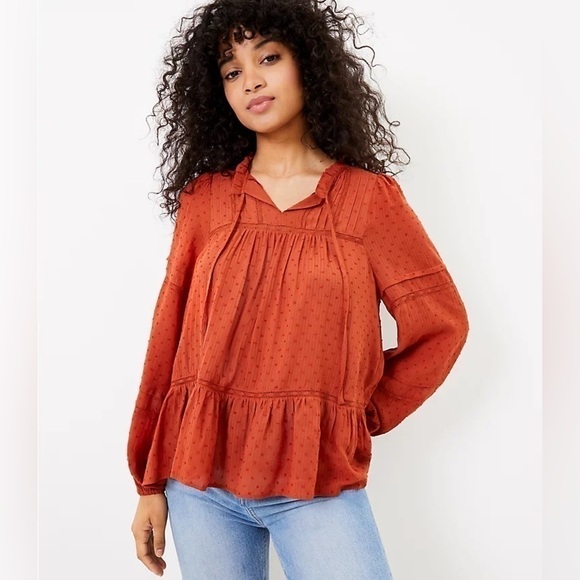 Loft Womens Medium Rust Orange Clip Dot Long Sleeve Peasant Shirt - Picture 1 of 8